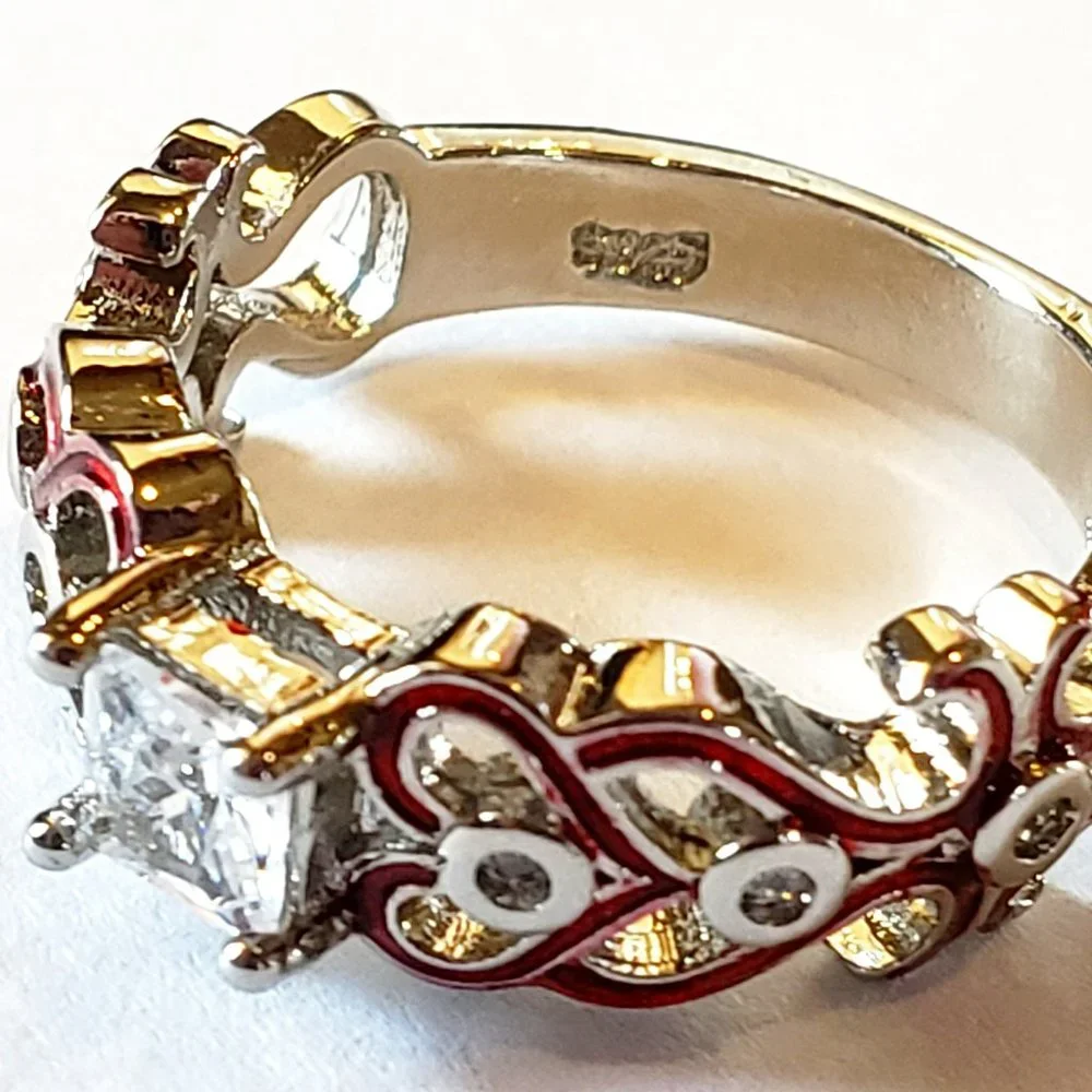 Princess Cut Solitaire Red Enamel Love Hearts Ring in Sterling Silver Sz 5.5